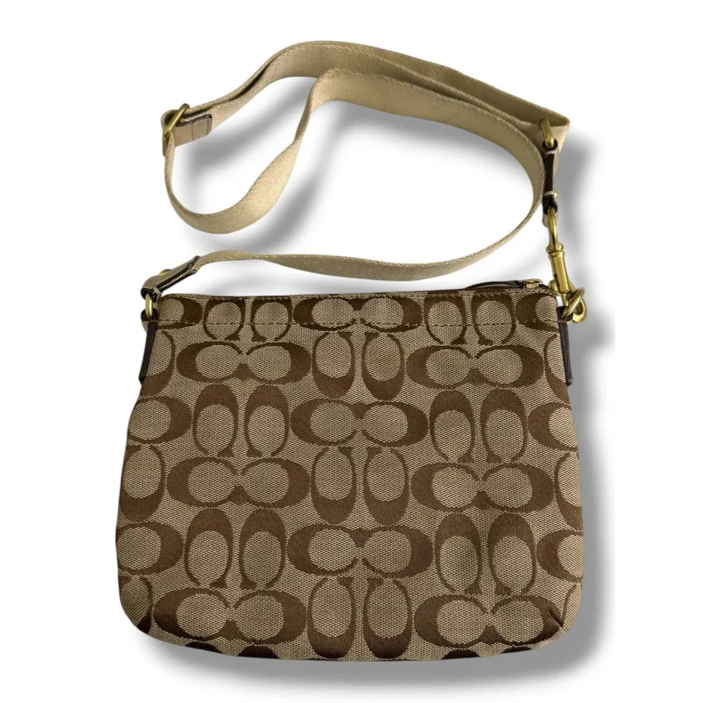 Coach Signature Canvas Crossbody Bag Brown Khaki Front Turnlock Pocket Gold Trim